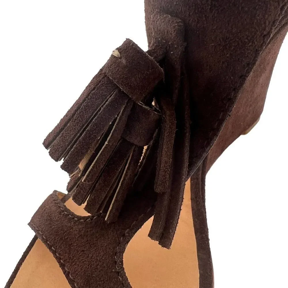 New DSQUARED 2 Women US 10 Brown Suede High Heels Tassel T-Strap Wedge Sandals